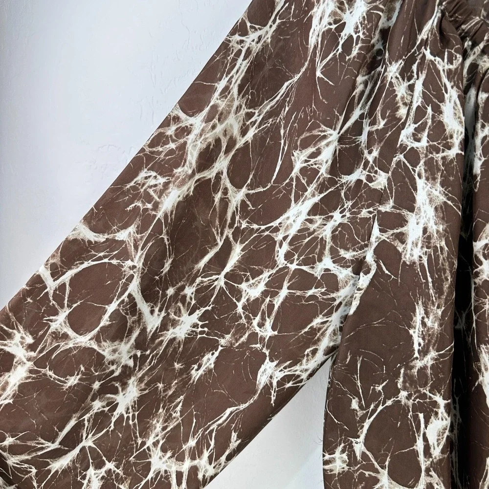 Michael Kors Silk Blouse Womens Top L Brown‎ Cream Goldtone Tie Smocked Waist